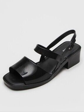 Melissa Cosmo Heels Jelly Sandals Square Toe Black Block Heel Strappy Size 6